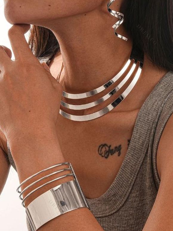 Sculptural Multi-Layer Collar, Open Cuff & Spiral Earrings Necklace - Argent 