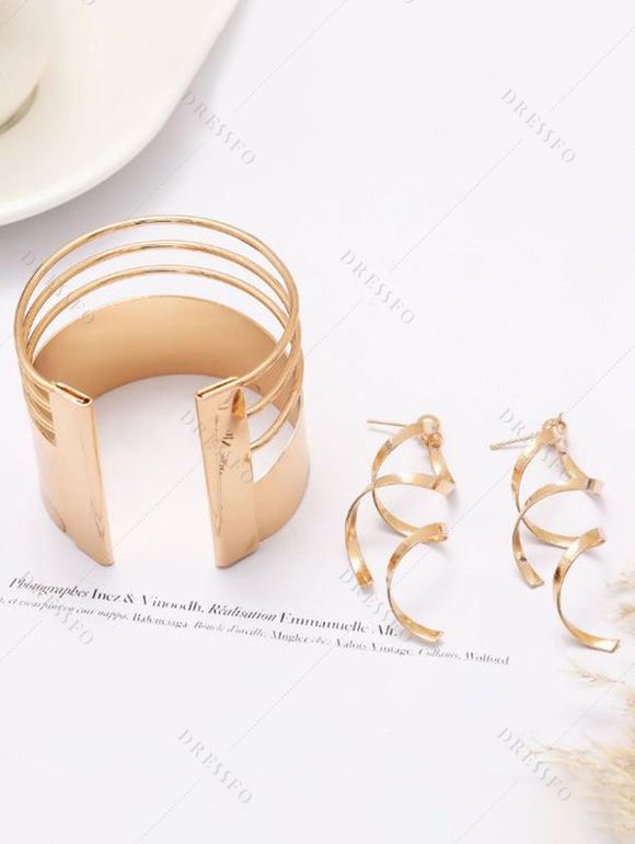 Sculptural Multi-Layer Collar, Open Cuff & Spiral Earrings Necklace - d'or 