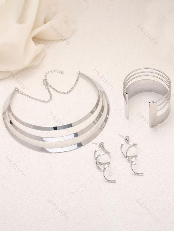 Sculptural Multi-Layer Collar, Open Cuff & Spiral Earrings Necklace - Argent 