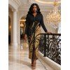 Vintage Shirt Dress Golden Scroll Vine Print Ruched Button Up Long Sleeve Bodycon Slit Dress - BLACK S | US 4
