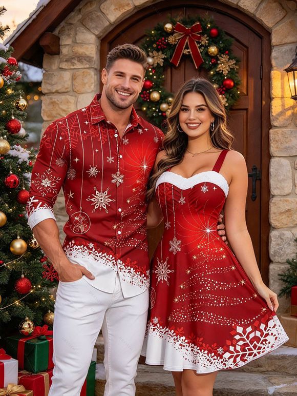 Christmas Couple Outfit Colorblock Snowflake Print Faux Fur Dress and Shirt Set - Rouge S | US 4