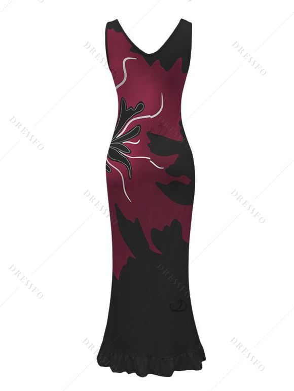 Party Dress Colorblock Abstract Floral Print Ruffle Slit V Neck Mermaid Bodycon Dress - Rouge Vineux M | US 6