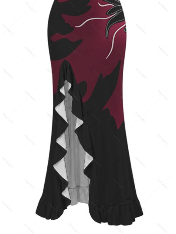 Party Dress Colorblock Abstract Floral Print Ruffle Slit V Neck Mermaid Bodycon Dress - Rouge Vineux M | US 6
