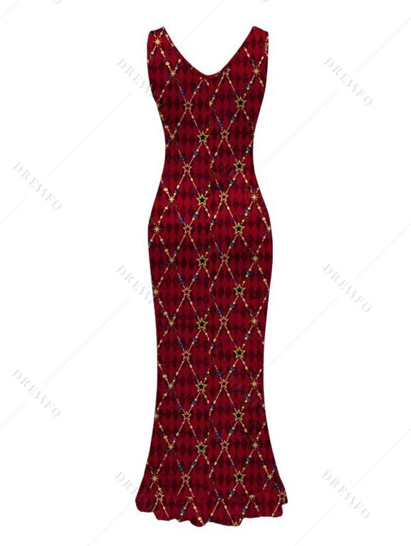 Christmas Dress Red Argyle Star Print Ruffle Slit V Neck Mermaid Bodycon Holiday Dress - Rouge Vineux M | US 6