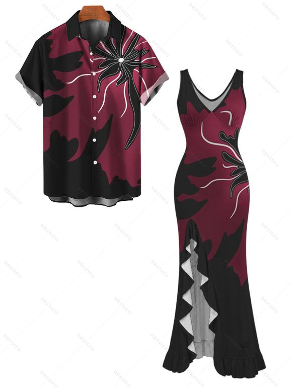 Party Couple Outfit Colorblock Abstract Floral Print Ruffle Slit V Neck Mermaid Bodycon Dress and Short Sleeve Shirt Set - Rouge Vineux S | US 4