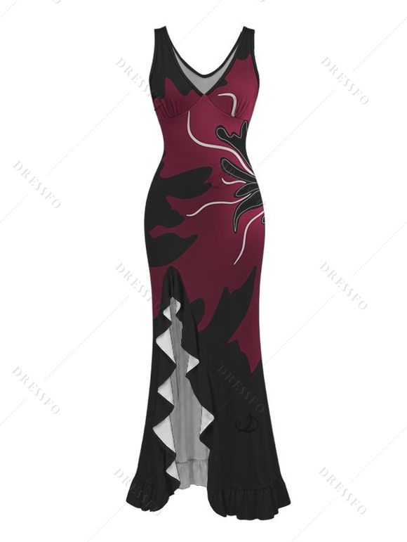 Party Couple Outfit Colorblock Abstract Floral Print Ruffle Slit V Neck Mermaid Bodycon Dress and Short Sleeve Shirt Set - Rouge Vineux S | US 4