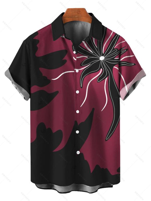 Party Couple Outfit Colorblock Abstract Floral Print Ruffle Slit V Neck Mermaid Bodycon Dress and Short Sleeve Shirt Set - Rouge Vineux S | US 4
