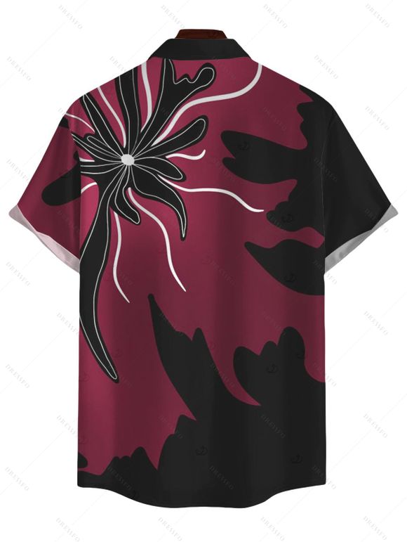 Party Couple Outfit Colorblock Abstract Floral Print Ruffle Slit V Neck Mermaid Bodycon Dress and Short Sleeve Shirt Set - Rouge Vineux S | US 4