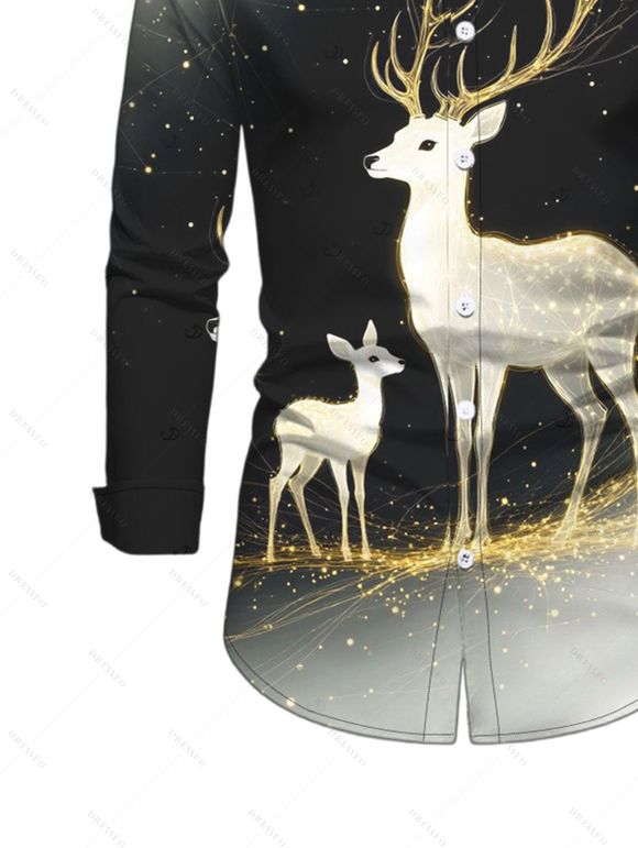 Men's Christmas Shirt Starry Sky Elk Print Button Up Long Sleeve Holiday Shirt - Noir S