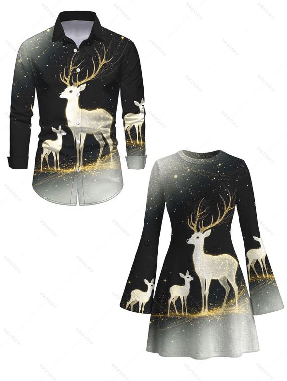 Christmas Couple Outfit Starry Sky Elk Print Bell Sleeve A Line Mini Dress and Long Sleeve Shirt Holiday Set - Noir S | US 4