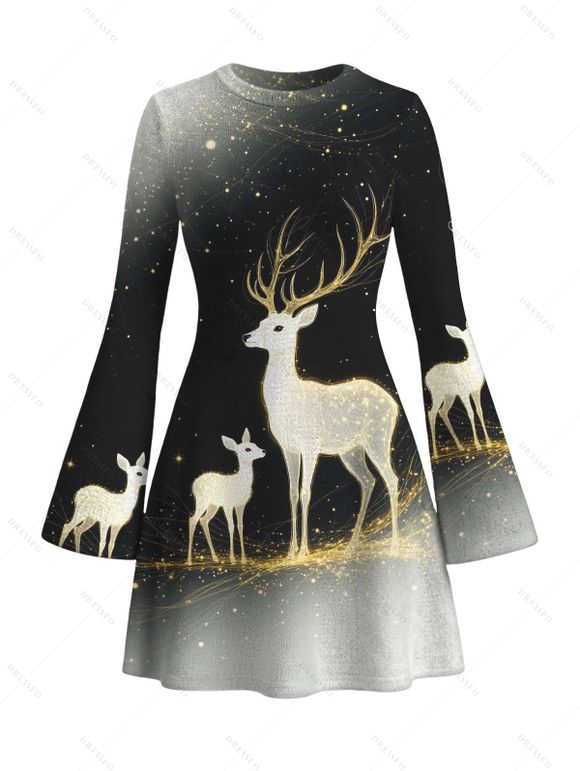 Christmas Couple Outfit Starry Sky Elk Print Bell Sleeve A Line Mini Dress and Long Sleeve Shirt Holiday Set - Noir S | US 4