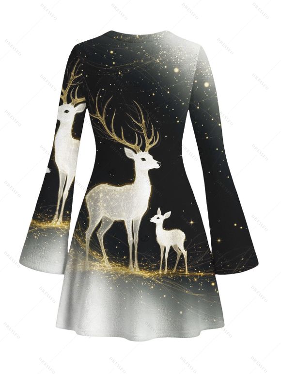 Christmas Couple Outfit Starry Sky Elk Print Bell Sleeve A Line Mini Dress and Long Sleeve Shirt Holiday Set - Noir S | US 4