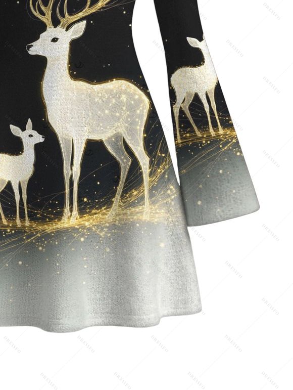 Christmas Couple Outfit Starry Sky Elk Print Bell Sleeve A Line Mini Dress and Long Sleeve Shirt Holiday Set - Noir S | US 4