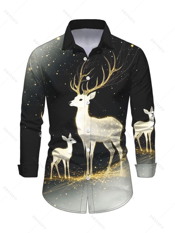 Christmas Couple Outfit Starry Sky Elk Print Bell Sleeve A Line Mini Dress and Long Sleeve Shirt Holiday Set - Noir S | US 4