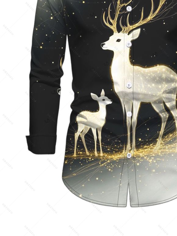 Christmas Couple Outfit Starry Sky Elk Print Bell Sleeve A Line Mini Dress and Long Sleeve Shirt Holiday Set - Noir S | US 4
