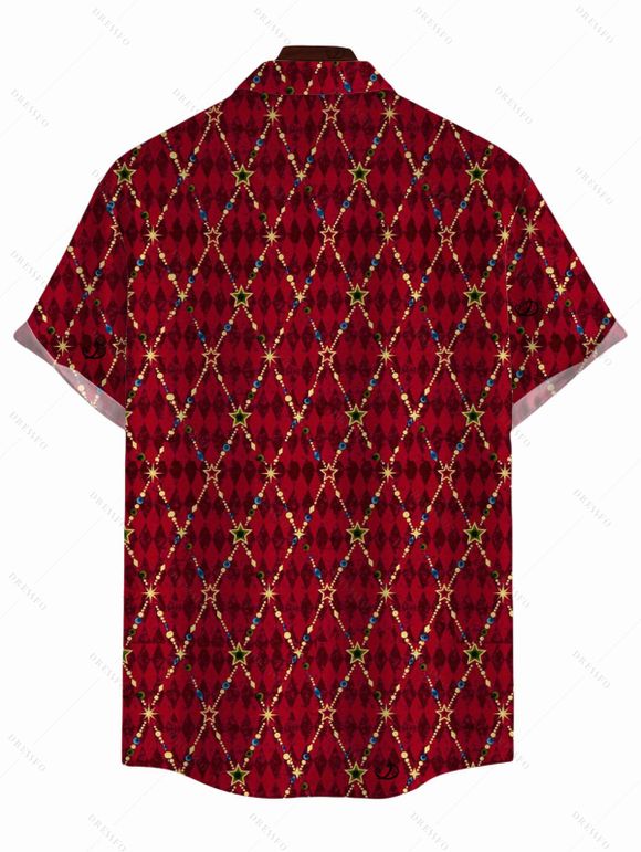 Men's Christmas Shirt Red Argyle Star Print Button Up Short Sleeve Holiday Shirt - Rouge Vineux M