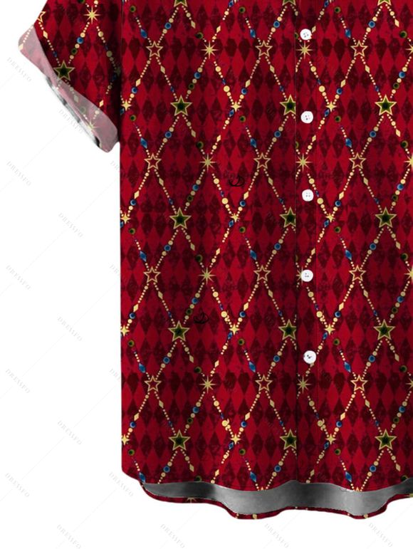 Men's Christmas Shirt Red Argyle Star Print Button Up Short Sleeve Holiday Shirt - Rouge Vineux M