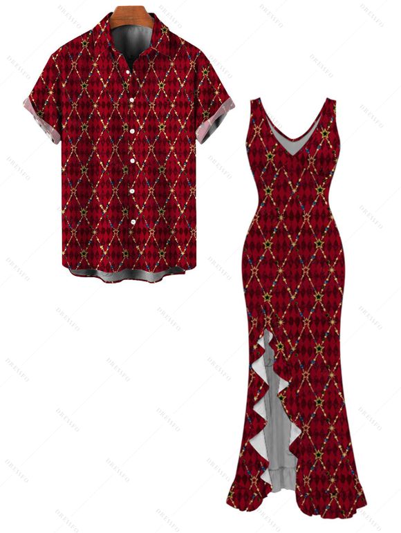 Christmas Couple Outfit Red Argyle Star Print Ruffle Slit V Neck Mermaid Bodycon Dress and Short Sleeve Shirt Holiday Set - Rouge Vineux S | US 4