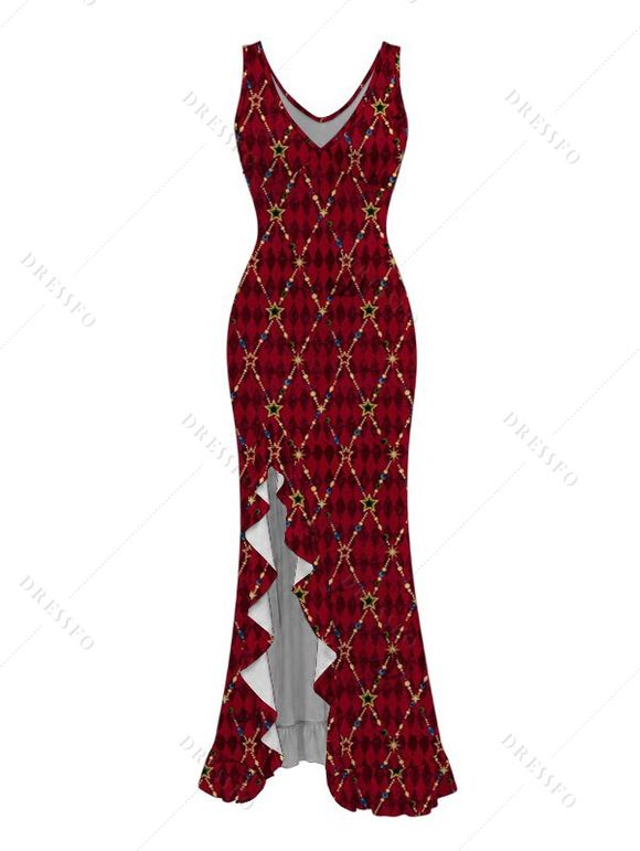 Christmas Couple Outfit Red Argyle Star Print Ruffle Slit V Neck Mermaid Bodycon Dress and Short Sleeve Shirt Holiday Set - Rouge Vineux S | US 4