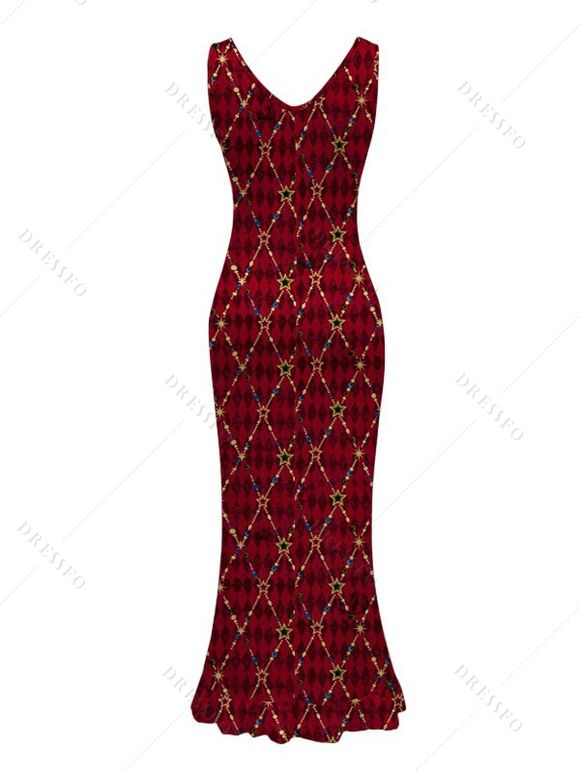 Christmas Couple Outfit Red Argyle Star Print Ruffle Slit V Neck Mermaid Bodycon Dress and Short Sleeve Shirt Holiday Set - Rouge Vineux S | US 4
