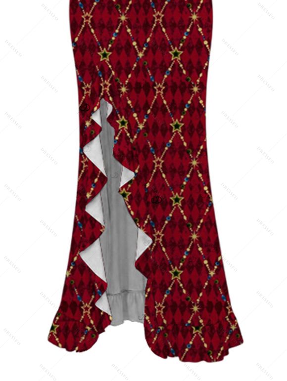 Christmas Couple Outfit Red Argyle Star Print Ruffle Slit V Neck Mermaid Bodycon Dress and Short Sleeve Shirt Holiday Set - Rouge Vineux S | US 4