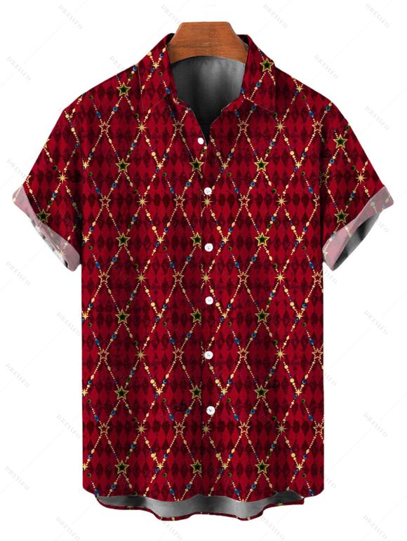 Christmas Couple Outfit Red Argyle Star Print Ruffle Slit V Neck Mermaid Bodycon Dress and Short Sleeve Shirt Holiday Set - Rouge Vineux S | US 4