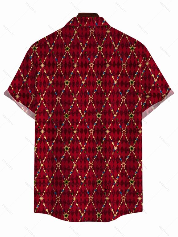 Christmas Couple Outfit Red Argyle Star Print Ruffle Slit V Neck Mermaid Bodycon Dress and Short Sleeve Shirt Holiday Set - Rouge Vineux S | US 4