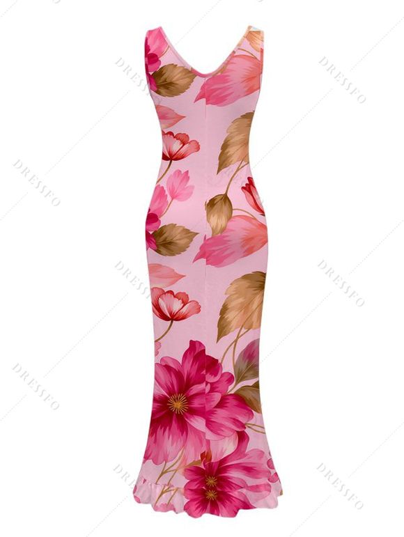 Vacation Dress Watercolor Floral Leaf Print Ruffle Slit V Neck Mermaid Bodycon Dress - Rose M | US 6