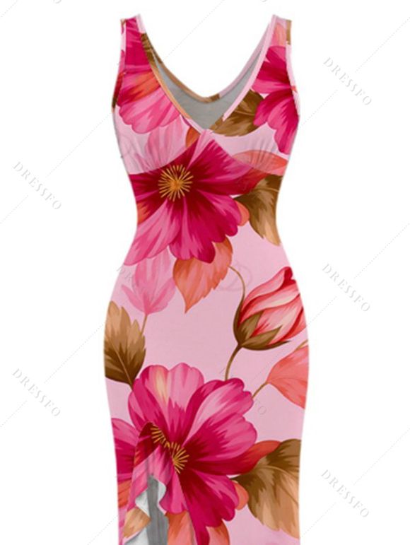 Vacation Dress Watercolor Floral Leaf Print Ruffle Slit V Neck Mermaid Bodycon Dress - Rose M | US 6
