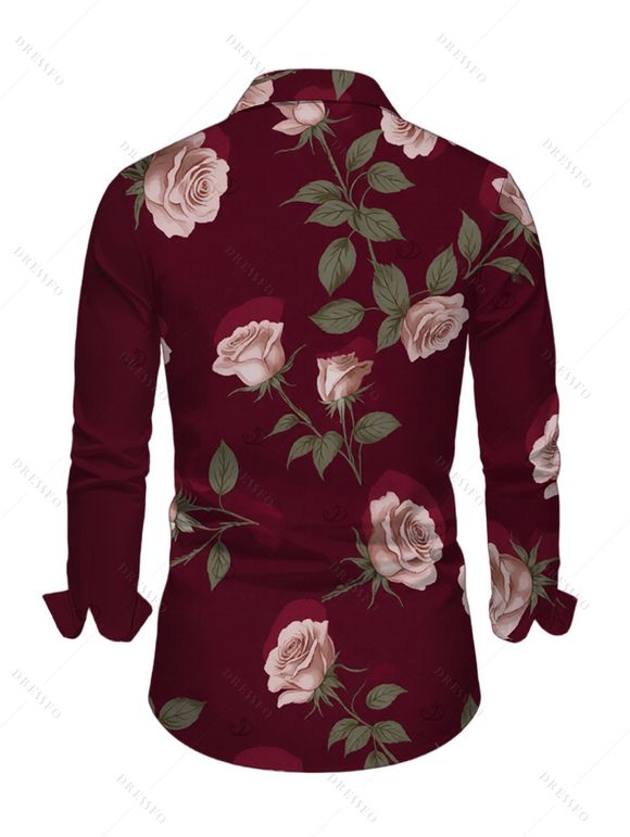 Men's Casual Shirt Rose Floral Print Button Up Long Sleeve Valentine's Day Shirt - Rouge Vineux S