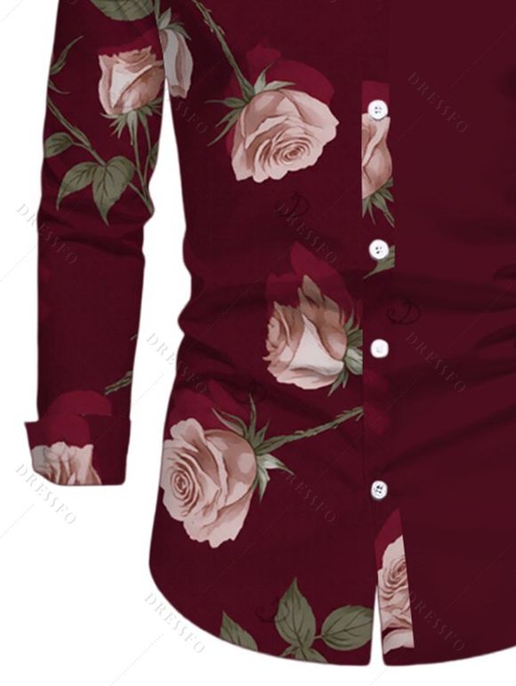 Men's Casual Shirt Rose Floral Print Button Up Long Sleeve Valentine's Day Shirt - Rouge Vineux S