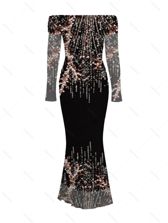 Party Dress Rhinestone Tassel Print Mesh Panel Off the Shoulder Long Sleeve Bodycon Evening Dress - Noir XXL | US 14