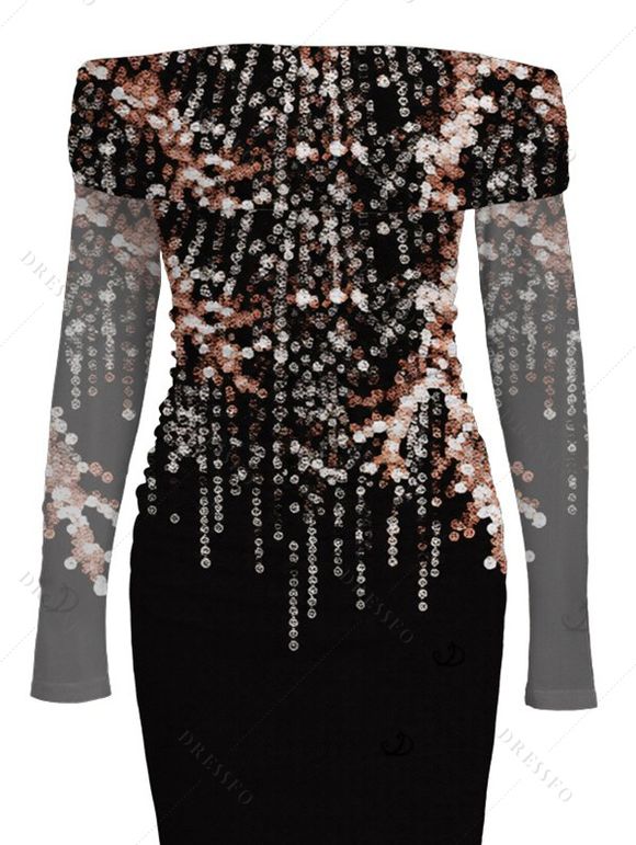 Party Dress Rhinestone Tassel Print Mesh Panel Off the Shoulder Long Sleeve Bodycon Evening Dress - Noir XXL | US 14