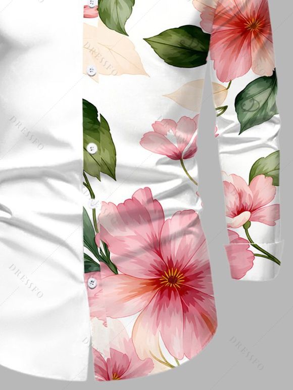 Men's Vacation Shirt Watercolor Floral Leaf Print Button Up Long Sleeve Shirt - Blanc S
