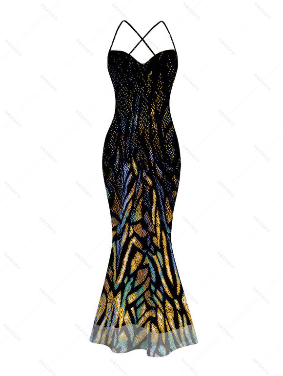 Party Dress Rhinestone Tiger Spot Print Crisscross Mesh Panel Draped Bodycon Dress - Noir M | US 6