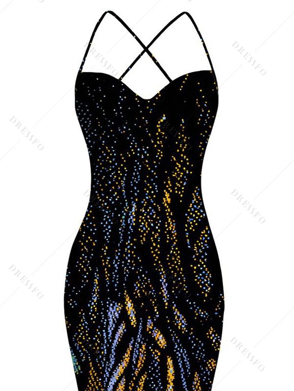 Party Dress Rhinestone Tiger Spot Print Crisscross Mesh Panel Draped Bodycon Dress - Noir M | US 6