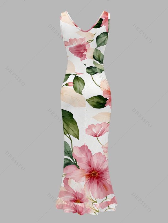 Vacation Dress Watercolor Floral Leaf Print Ruffle Slit V Neck Mermaid Bodycon Dress - Blanc L | US 8-10