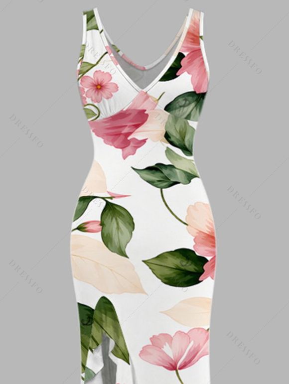 Vacation Dress Watercolor Floral Leaf Print Ruffle Slit V Neck Mermaid Bodycon Dress - Blanc L | US 8-10