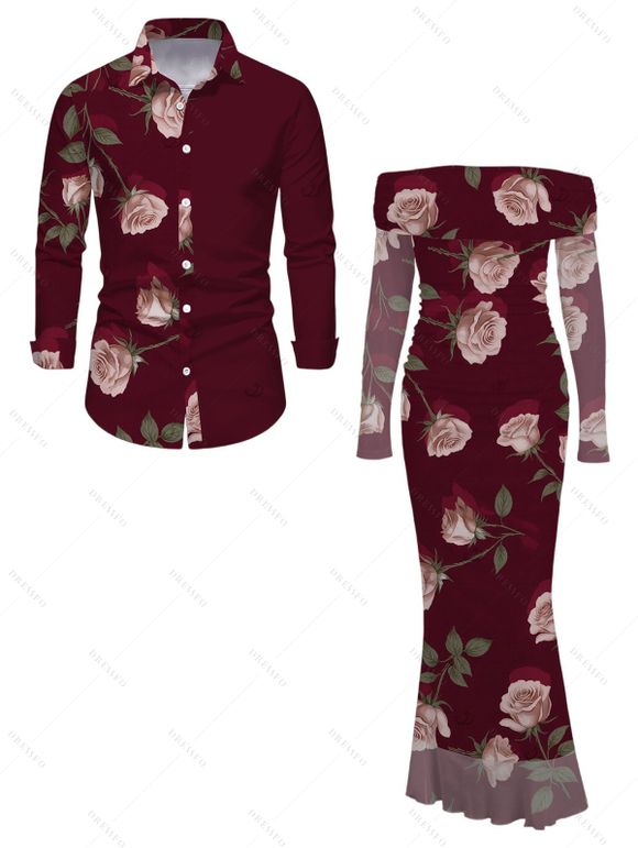 Valentine's Day Couple Outfit Rose Floral Print Mesh Panel Foldover Off the Shoulder Bodycon Dress and Long Sleeve Shirt Set - Rouge Vineux S | US 4