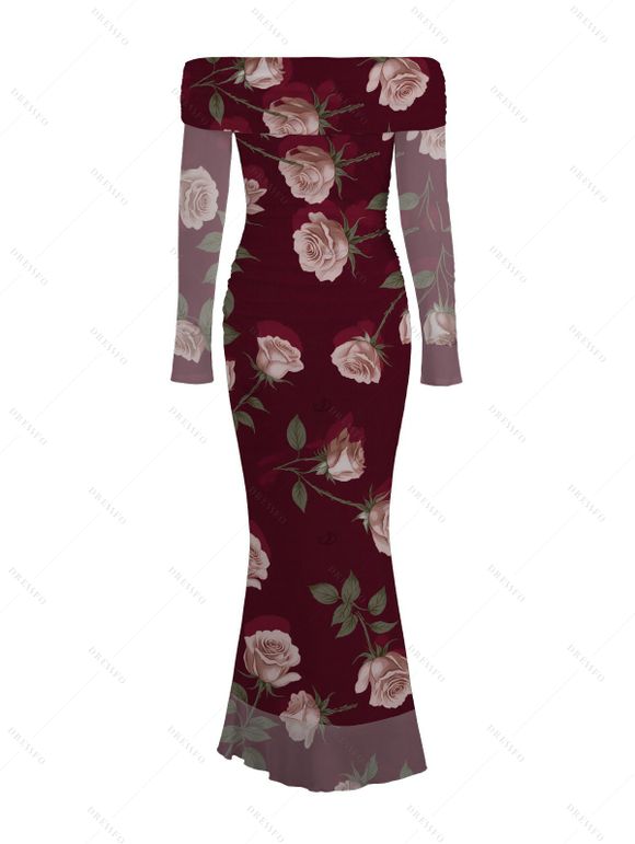 Valentine's Day Couple Outfit Rose Floral Print Mesh Panel Foldover Off the Shoulder Bodycon Dress and Long Sleeve Shirt Set - Rouge Vineux S | US 4