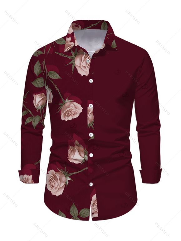 Valentine's Day Couple Outfit Rose Floral Print Mesh Panel Foldover Off the Shoulder Bodycon Dress and Long Sleeve Shirt Set - Rouge Vineux S | US 4