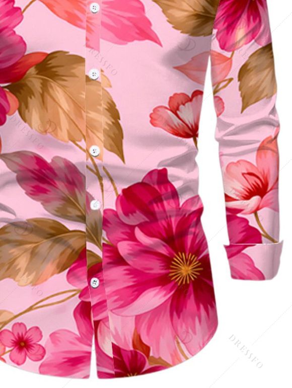 Men's Vacation Shirt Watercolor Floral Leaf Print Button Up Long Sleeve Shirt - Rose 2XL