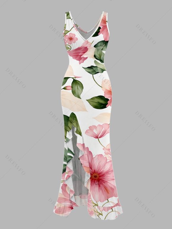 Vacation Couple Outfit Watercolor Floral Leaf Print Ruffle Slit V Neck Mermaid Bodycon Dress and Long Sleeve Shirt Set - Blanc S | US 4