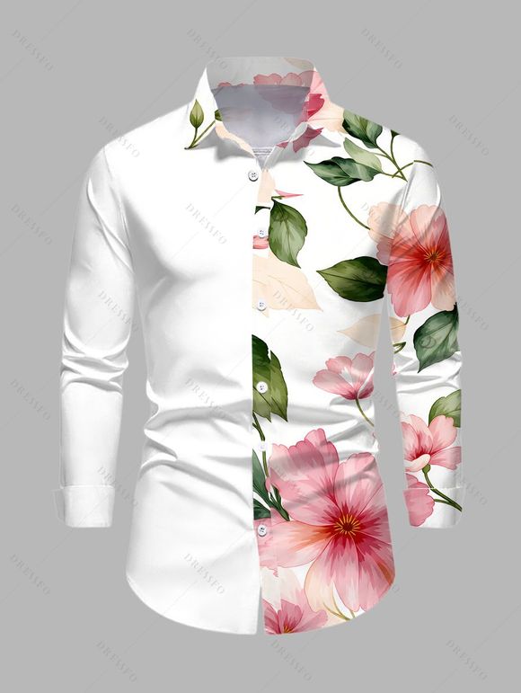 Vacation Couple Outfit Watercolor Floral Leaf Print Ruffle Slit V Neck Mermaid Bodycon Dress and Long Sleeve Shirt Set - Blanc S | US 4