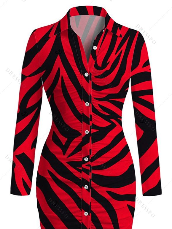Casual Shirt Dress Colorblock Tiger Print Ruched Button Up Long Sleeve Bodycon Dress - Rouge XL | US 12