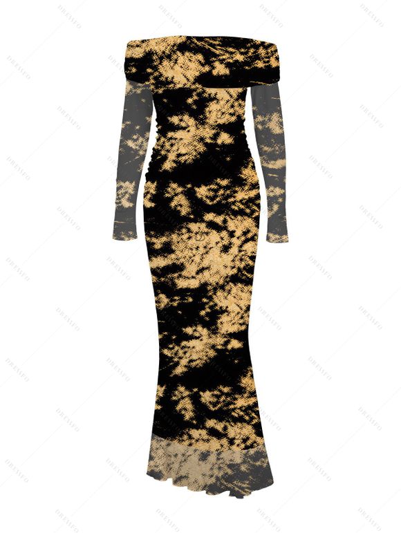 Vintage Dress Tie Dye Print Mesh Panel Foldover Off the Shoulder Long Sleeve Bodycon Dress - Noir XL | US 12