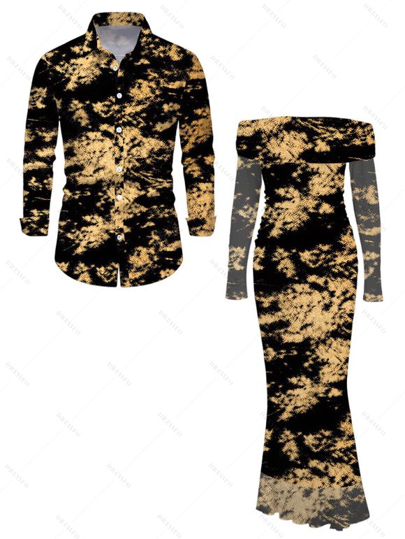 Vintage Couple Outfit Tie Dye Print Mesh Panel Foldover Off the Shoulder Bodycon Dress and Long Sleeve Shirt Set - Noir S | US 4