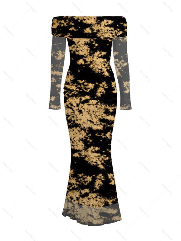 Vintage Dress Tie Dye Print Mesh Panel Foldover Off the Shoulder Long Sleeve Bodycon Dress - Noir XL | US 12