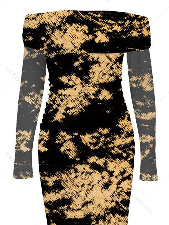 Vintage Dress Tie Dye Print Mesh Panel Foldover Off the Shoulder Long Sleeve Bodycon Dress - Noir XL | US 12