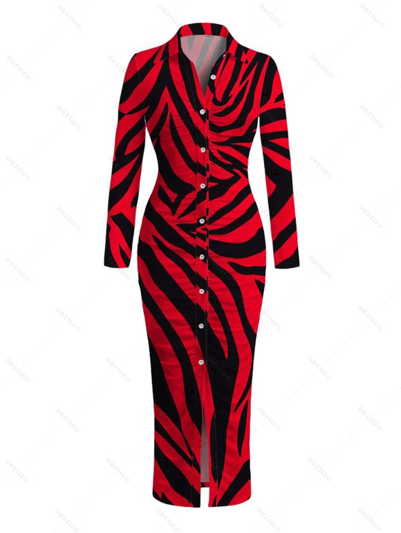 Casual Couple Outfit Colorblock Tiger Print Ruched Button Up Bodycon Shirt Dress and Long Sleeve Shirt Set - Rouge S | US 4